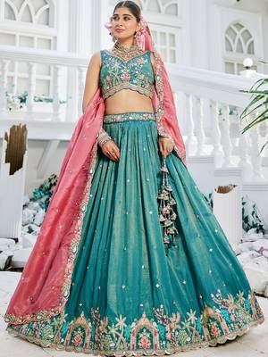 Sea Green Satin sequin embroidery Semi Stitched Lehenga choli with Dupatta 1