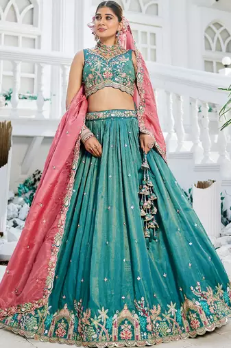 Sea Green Satin sequin embroidery Semi Stitched Lehenga choli with Dupatta