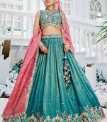 Sea Green Satin sequin embroidery Semi Stitched Lehenga choli with Dupatta