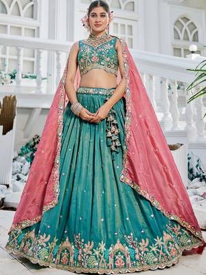 Sea Green Satin sequin embroidery Semi Stitched Lehenga choli with Dupatta 3