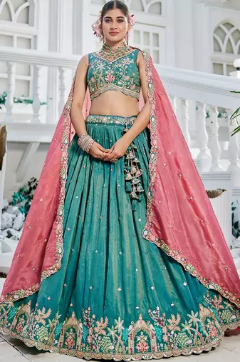 Sea Green Satin sequin embroidery Semi Stitched Lehenga choli with Dupatta