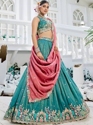 Sea Green Satin sequin embroidery Semi Stitched Lehenga choli with Dupatta 4