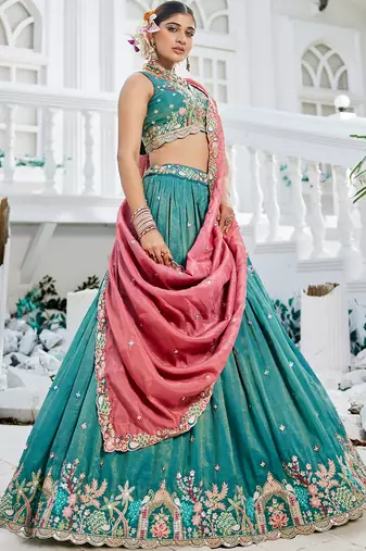 Sea Green Satin sequin embroidery Semi Stitched Lehenga choli with Dupatta
