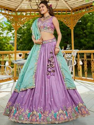 Lavender Satin sequin embroidery Semi Stitched Lehenga choli with Dupatta 3