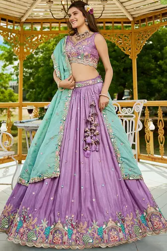 Lavender Satin sequin embroidery Semi Stitched Lehenga choli with Dupatta