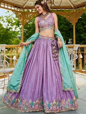Lavender Satin sequin embroidery Semi Stitched Lehenga choli with Dupatta 4