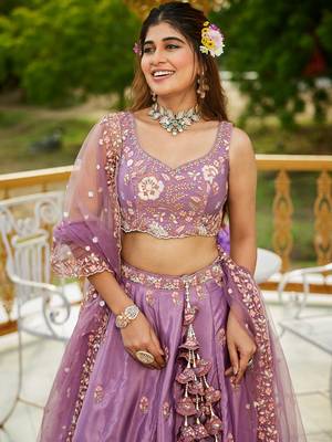 lavender Satin sequin embroidery Semi Stitched Lehenga choli with Dupatta 1