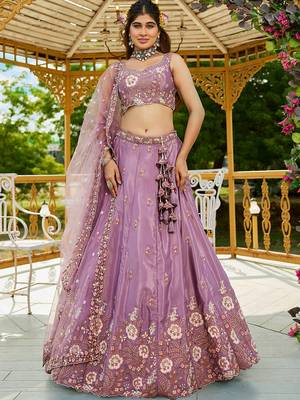 lavender Satin sequin embroidery Semi Stitched Lehenga choli with Dupatta 2