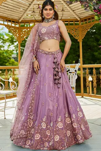 lavender Satin sequin embroidery Semi Stitched Lehenga choli with Dupatta