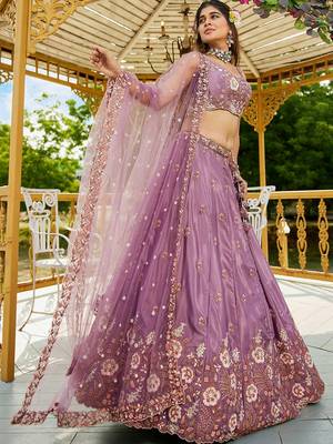 lavender Satin sequin embroidery Semi Stitched Lehenga choli with Dupatta 3
