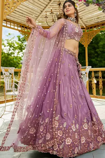 lavender Satin sequin embroidery Semi Stitched Lehenga choli with Dupatta