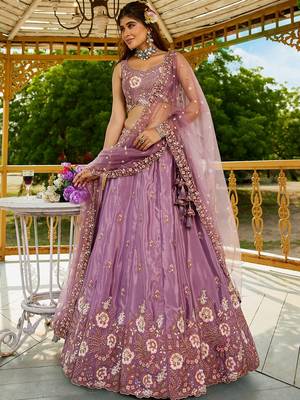 lavender Satin sequin embroidery Semi Stitched Lehenga choli with Dupatta 4