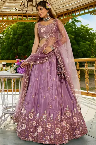 lavender Satin sequin embroidery Semi Stitched Lehenga choli with Dupatta