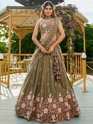 Olive Satin sequin embroidery Semi Stitched Lehenga choli with Dupatta 1