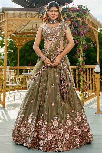 Olive Satin sequin embroidery Semi Stitched Lehenga choli with Dupatta