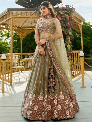 Olive Satin sequin embroidery Semi Stitched Lehenga choli with Dupatta 2