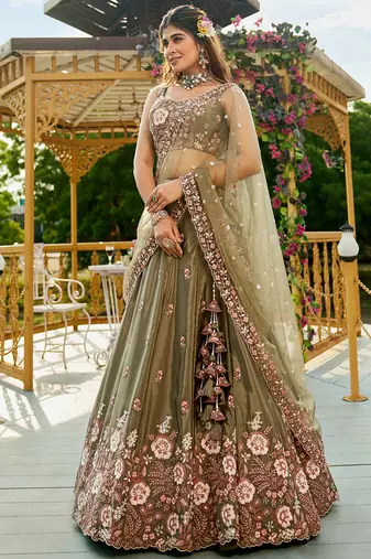 Olive Satin sequin embroidery Semi Stitched Lehenga choli with Dupatta