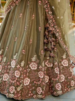 Olive Satin sequin embroidery Semi Stitched Lehenga choli with Dupatta 3