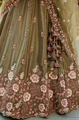 Olive Satin sequin embroidery Semi Stitched Lehenga choli with Dupatta