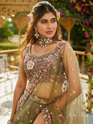 Olive Satin sequin embroidery Semi Stitched Lehenga choli with Dupatta 4
