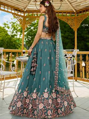 Teal Satin sequin embroidery Semi Stitched Lehenga choli with Dupatta 2