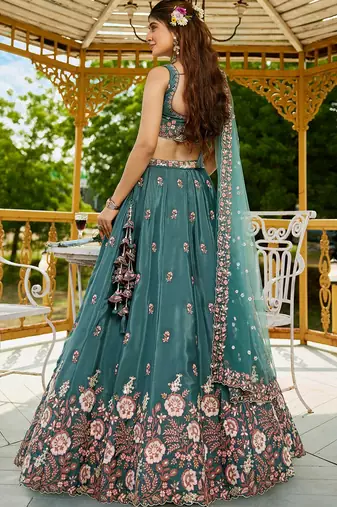 Teal Satin sequin embroidery Semi Stitched Lehenga choli with Dupatta