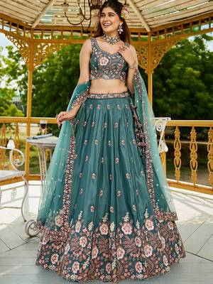 Teal Satin sequin embroidery Semi Stitched Lehenga choli with Dupatta 1