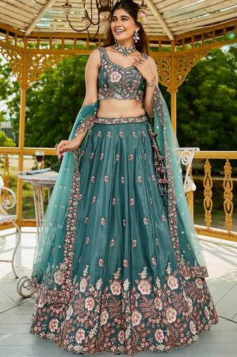 Teal Satin sequin embroidery Semi Stitched Lehenga choli with Dupatta