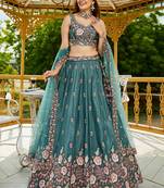 Teal Satin sequin embroidery Semi Stitched Lehenga choli with Dupatta