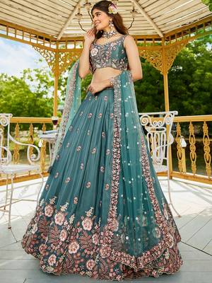 Teal Satin sequin embroidery Semi Stitched Lehenga choli with Dupatta 3