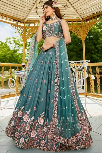 Teal Satin sequin embroidery Semi Stitched Lehenga choli with Dupatta