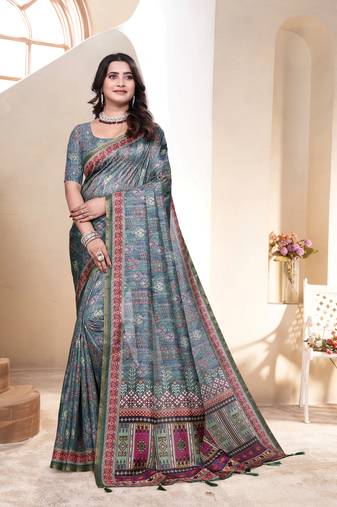 Blue grey digital print silk blend saree with blouse