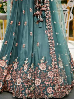 Teal Satin sequin embroidery Semi Stitched Lehenga choli with Dupatta 4