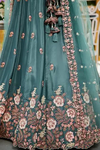 Teal Satin sequin embroidery Semi Stitched Lehenga choli with Dupatta