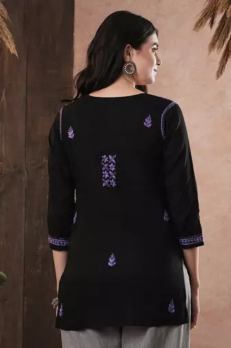 Hand embroidered black & purple cotton lucknowi chikankari women top