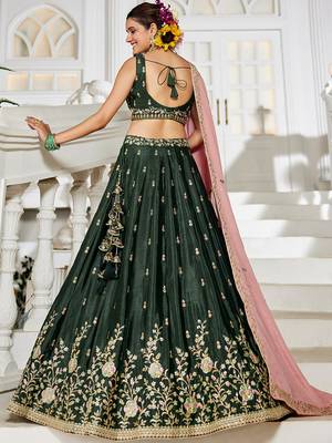 Olive Chiffon sequin embroidery Semi Stitched Lehenga choli with Dupatta 2