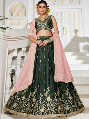 Olive Chiffon sequin embroidery Semi Stitched Lehenga choli with Dupatta 3