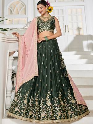 Olive Chiffon sequin embroidery Semi Stitched Lehenga choli with Dupatta 4