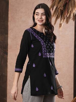Hand embroidered black & purple cotton lucknowi chikankari women top 3