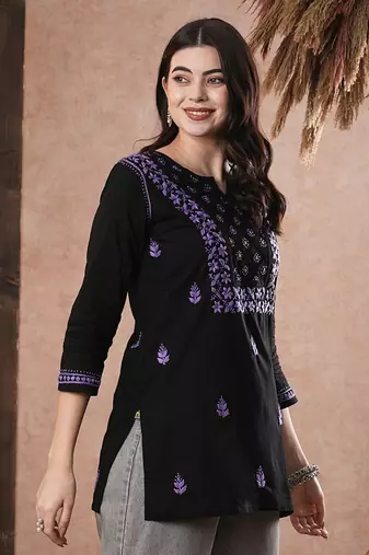 Hand embroidered black & purple cotton lucknowi chikankari women top