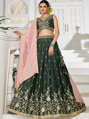 Olive Chiffon sequin embroidery Semi Stitched Lehenga choli with Dupatta 1