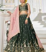 Olive Chiffon sequin embroidery Semi Stitched Lehenga choli with Dupatta