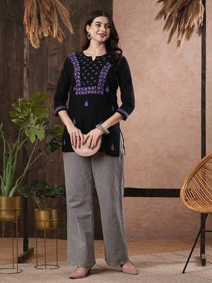 Hand embroidered black & purple cotton lucknowi chikankari women top 4