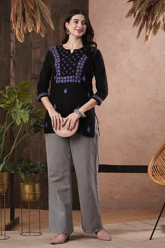 Hand embroidered black & purple cotton lucknowi chikankari women top