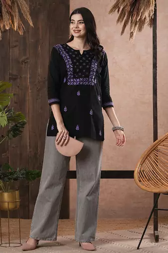 Hand embroidered black & purple cotton lucknowi chikankari women top