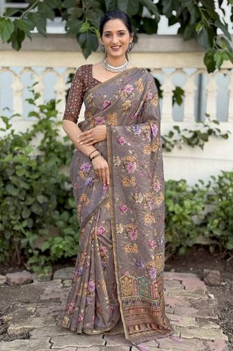 Chiku cream digital print silk blend saree with blouse