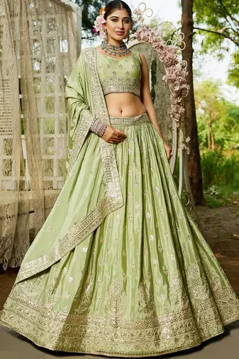 Lime green Chiffon sequin embroidery Semi Stitched Lehenga choli with Dupatta