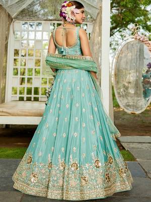Sea Green Chinnon sequin embroidery Semi Stitched Lehenga choli with Dupatta 2