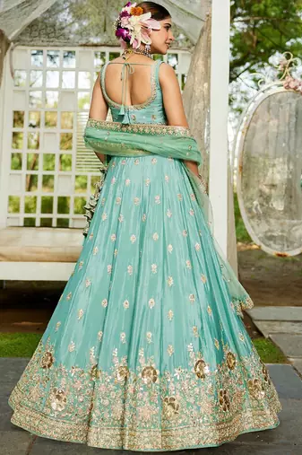 Sea Green Chinnon sequin embroidery Semi Stitched Lehenga choli with Dupatta