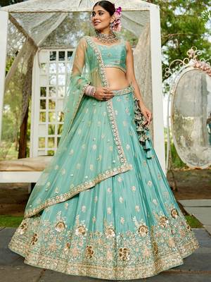 Sea Green Chinnon sequin embroidery Semi Stitched Lehenga choli with Dupatta 1